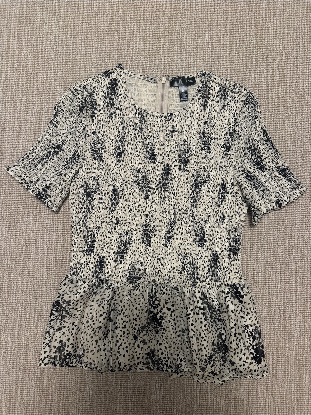 Aqua Black & White Smocked Peplum Short Sleeve Top